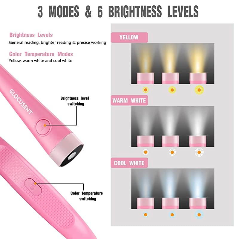 LED Neck Reading Light Book Light for Reading in Bed 3 Colors 6 Brightness Levels Bendable Arms Rechargeable Long Lasting Pink Perfect for Reading Knitting Camping Repairing