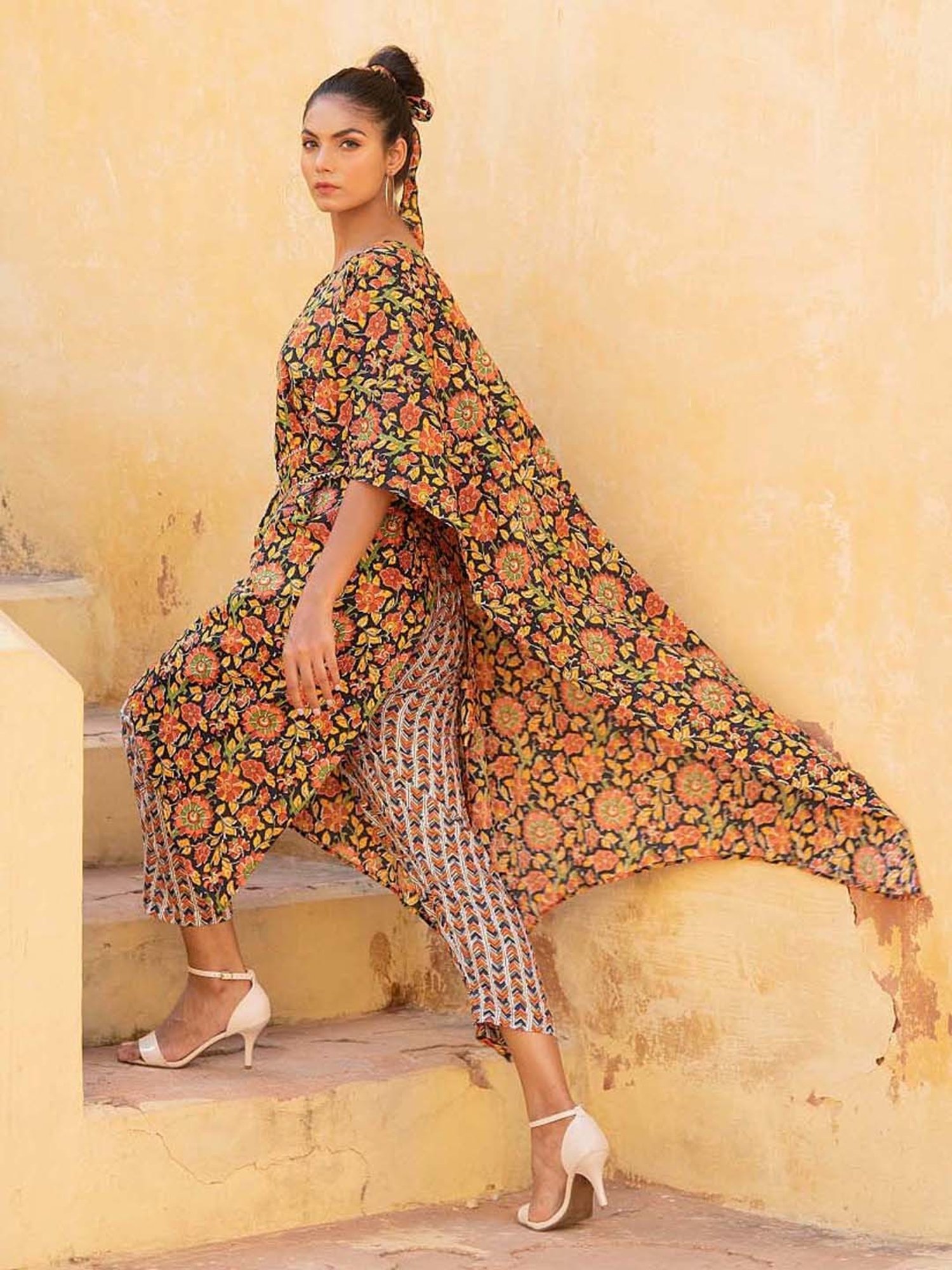 KAORI BY SHREYA AGARWAL Black & Mustard Cotton Printed Kaftan Pant Set