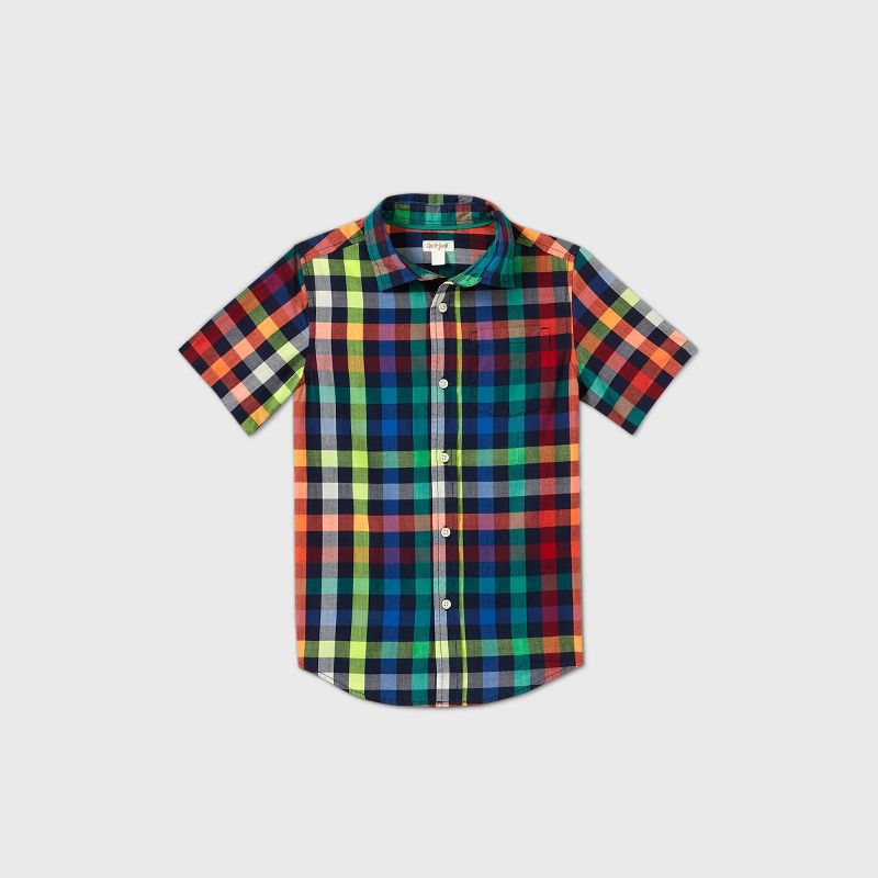 Boys' Short Sleeve Button-Down Poplin Plaid Shirt - Cat & Jack™ Red/Yellow/Blue XS