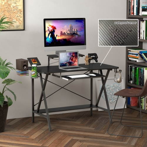 47" Gaming Desk Table, E-Sports Computer Desk with PC Stand Shelf Keyboard stand Power Strip with USB Cup Holder & Headphone Hook Home Office Desk Gamer Desk Writing Table, Carbon Fiber Coated Black