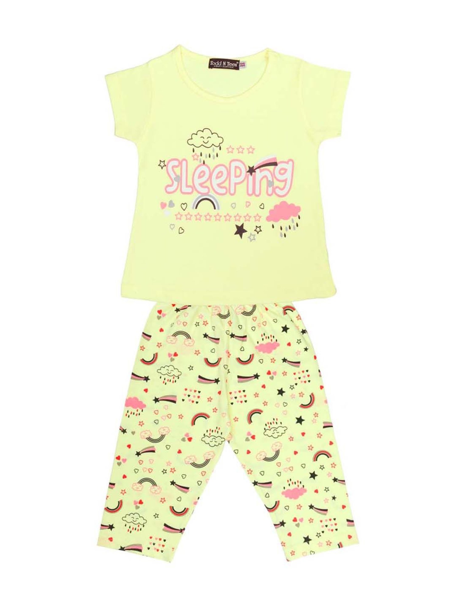Todd N Teen Kids Yellow & Pink Cotton Printed T-Shirt & Capris - Pack of 2