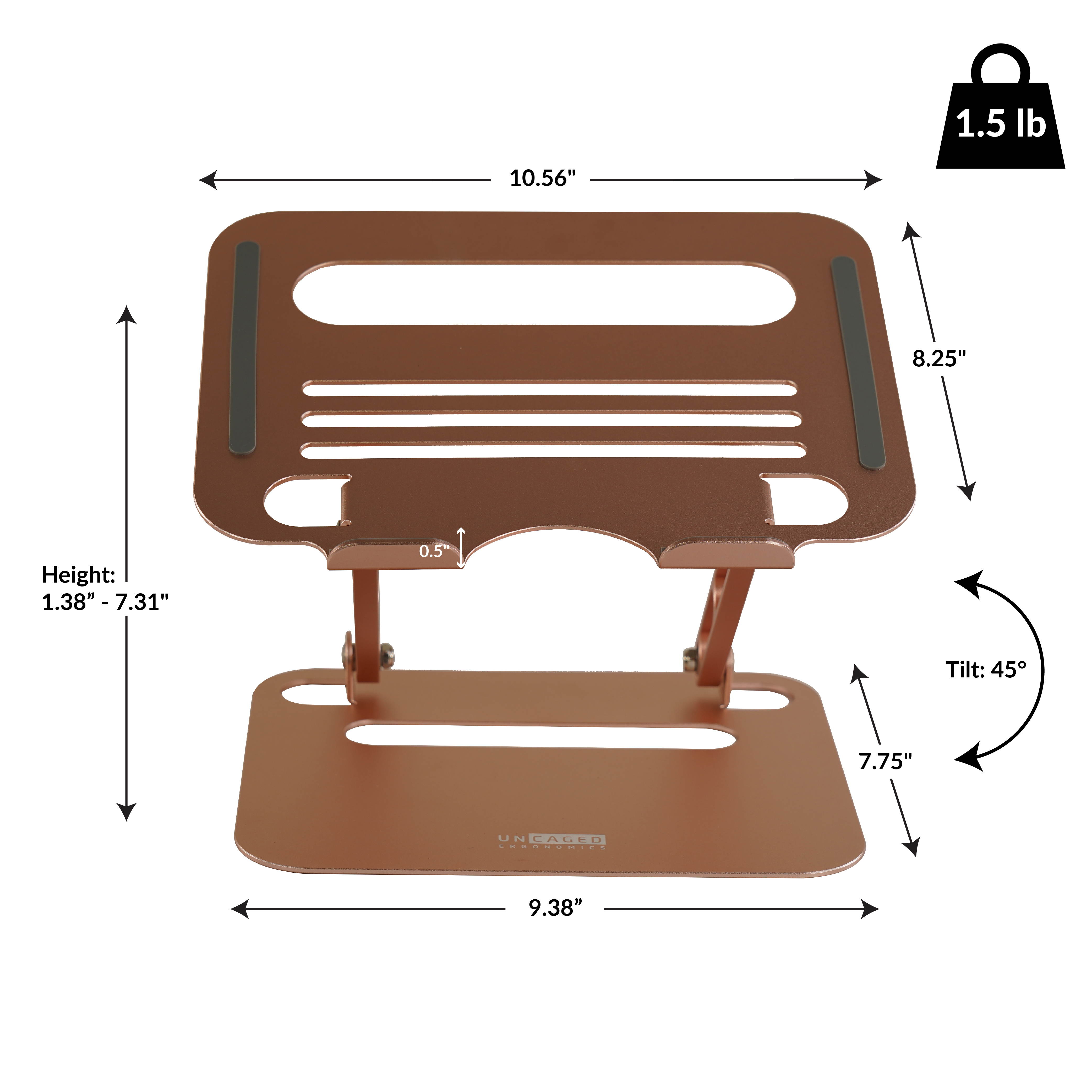 RISE adjustable height tilt laptop desk stand. Small portable ergonomic aluminum notebook computer riser laptop desk stand workstation cooling cooler Rose Gold