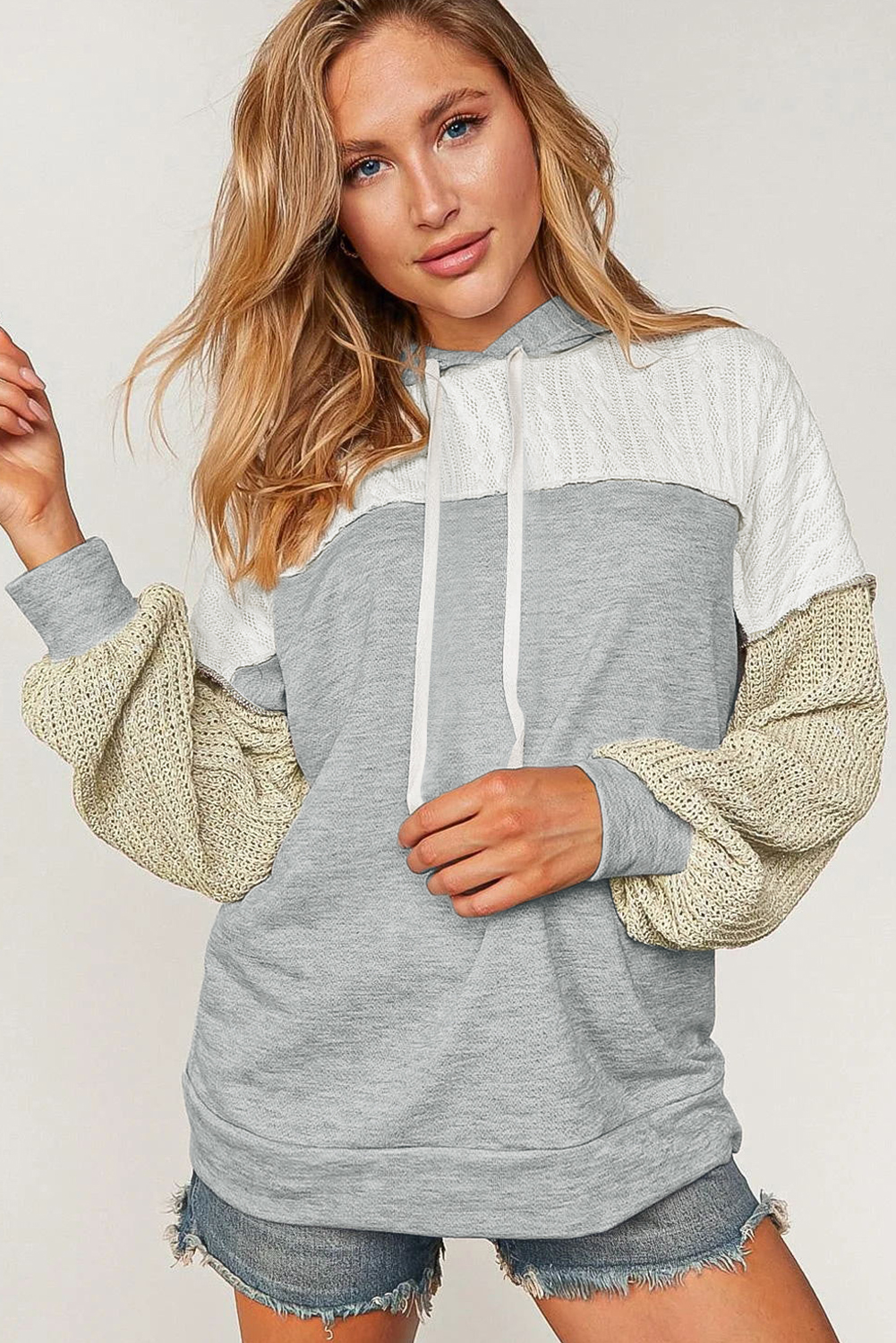 Grey Color Block Exposed Seam Pullover Hoodie for Women