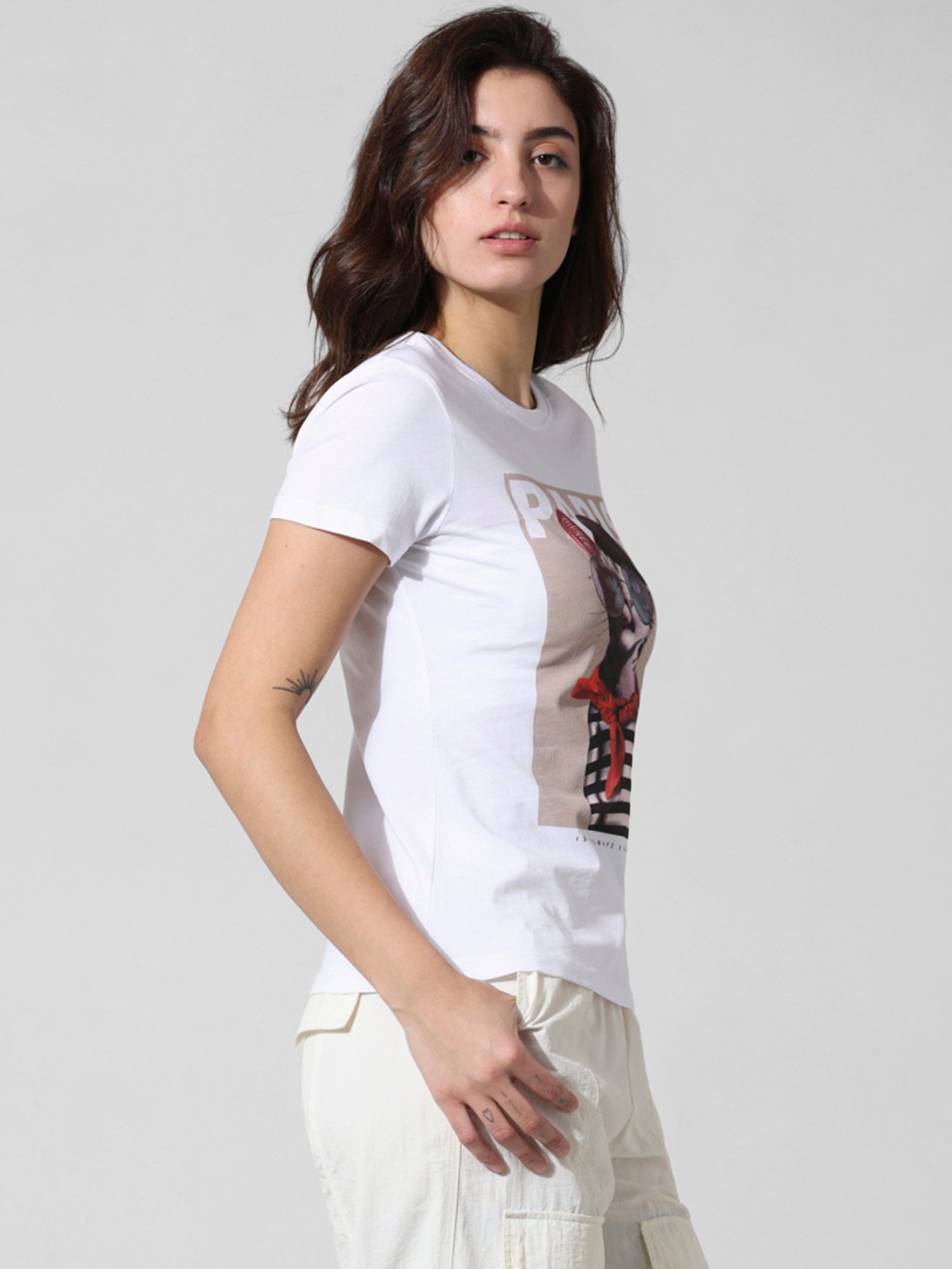 Only White Cotton Graphic Print T-Shirt