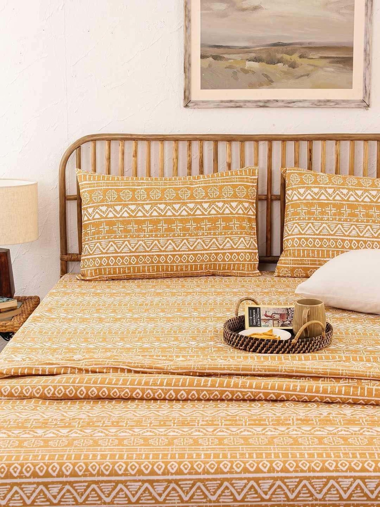 House This Kullu Patti Yellow 150 TC Cotton Double Bedsheet Set