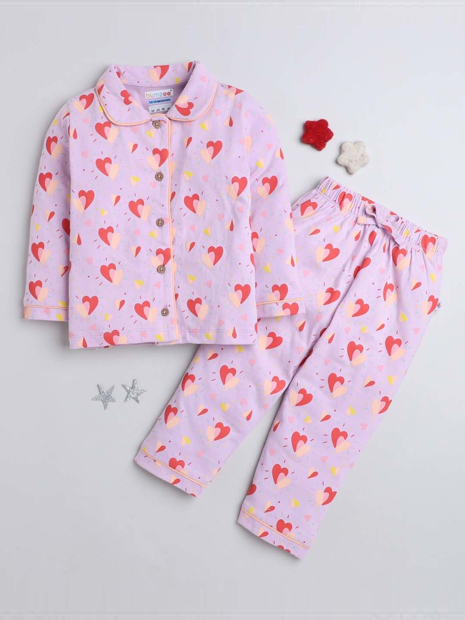 Bumzee Girls Lavender & Pink Cotton Printed Full Sleeves Shirt Set