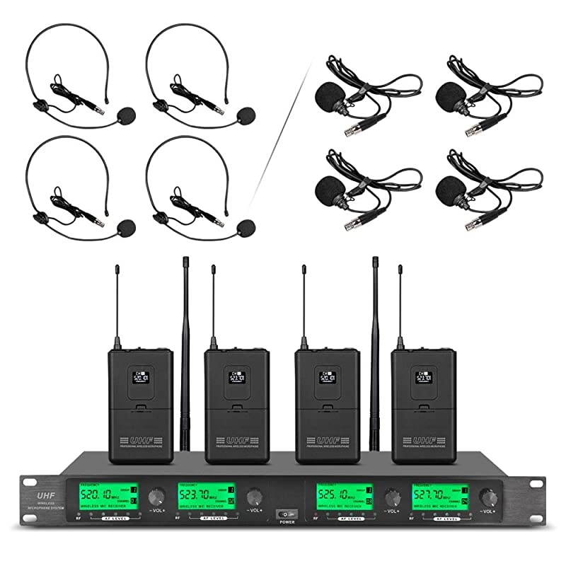 Microphone System Pro Audio UHF 4 Channel 4 Lavalier Bodypacks 4 Lapel Mic 4 Headsets for Karaoke System Church Speaking Conference Wedding Party