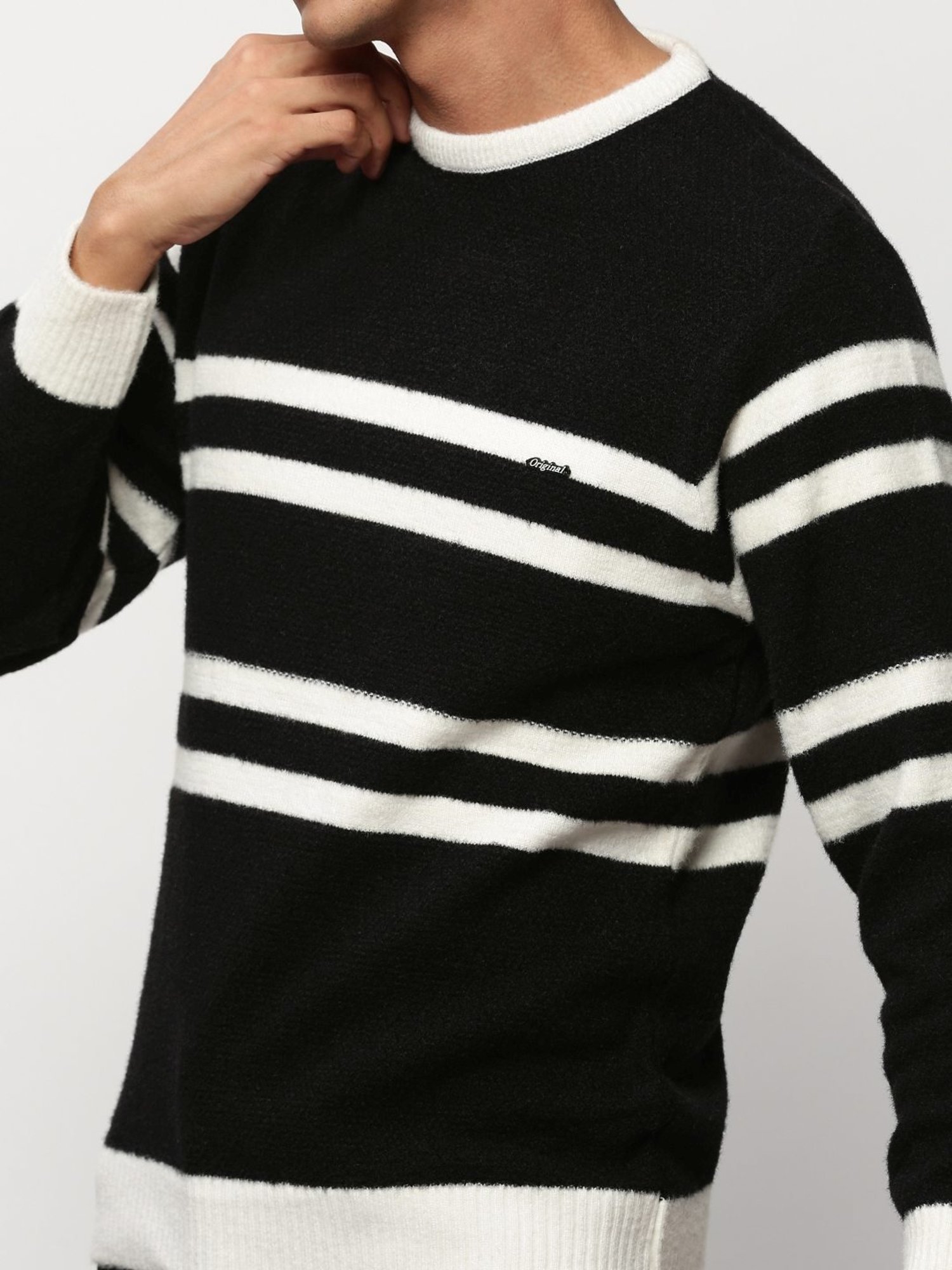 SHOWOFF Black Slim Fit Striped Sweater