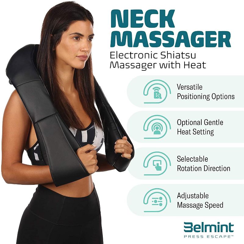 Belmint Electric Deep Kneading Portable Shiatsu Neck Back and Shoulder Massager with Optional Heat, 3 Speed Settings, and Wall Car AC Adapters, Black