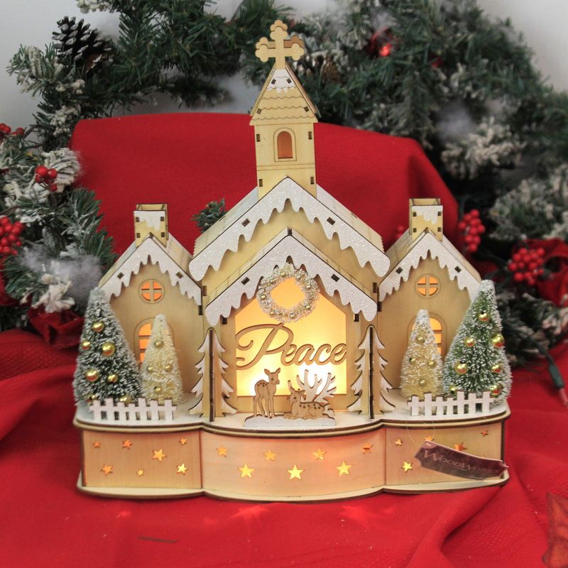 Christmas 12.25" Peace Frosted Church Lit Deer Trees  -  Decorative Figurines