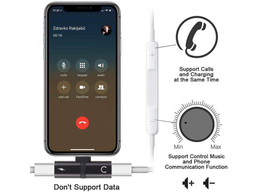 iPhone 7 8 X Adapter & Splitter, 5-Pack Dual Lightning Headphone Audio & Charge Adapter Accessories for iPhone 7/7 Plus, iPhone 8/8 Plus, iPhone X - Black