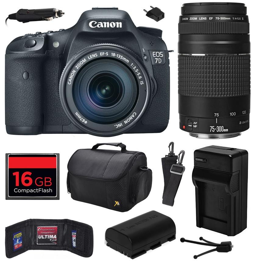 Canon EOS 7D 18 MP CMOS Digital SLR Camera with 18-135mm f/3.5-5.6 IS UD and EF 75-300mm f/4-5.6 III Lens with 16GB Memory, Large Case, Battery, Charger, Memory Wallet, Cleaning Kit 3814B016