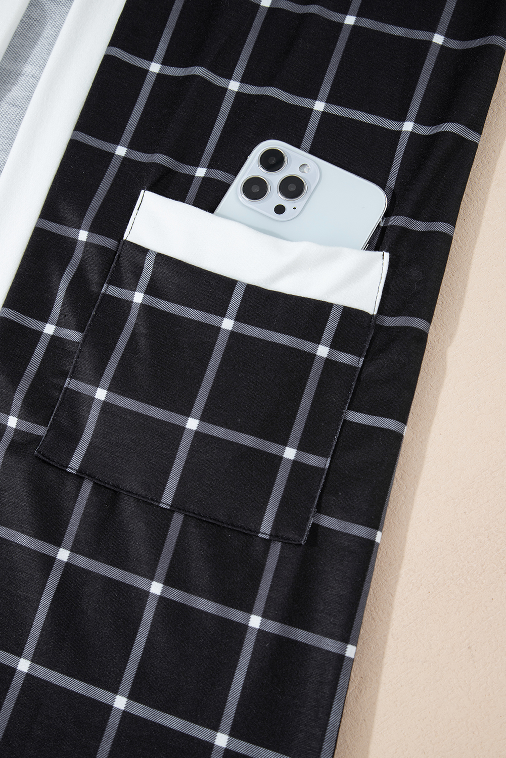 Black Plaid Casual Contrast Trim Knit Cardigan