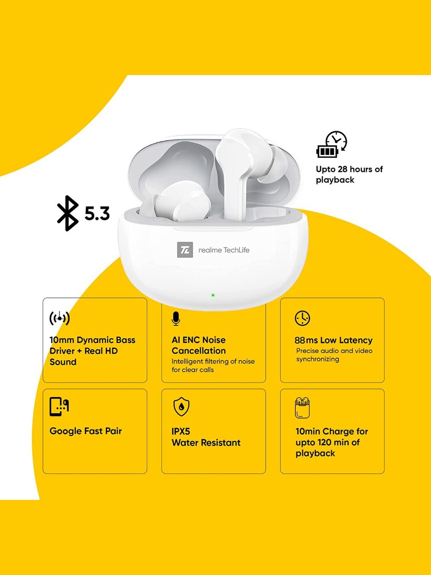 Realme TechLife Buds T100 In Ear Bluetooth Earbuds with AI ENC & 28H Playback (White, True Wireless)