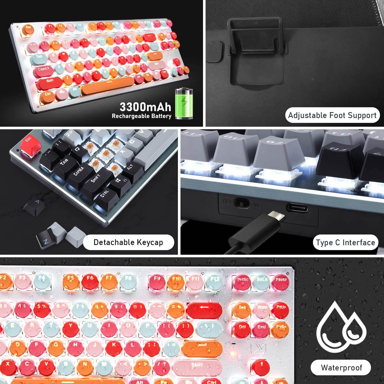 Bluetooth Mechanical Gaming Keyboard with LED Backlit 87 Anti-Ghosting Key Wired/Wireless USB Receiver Rechargeable Keyboard for PC Mac Gamer