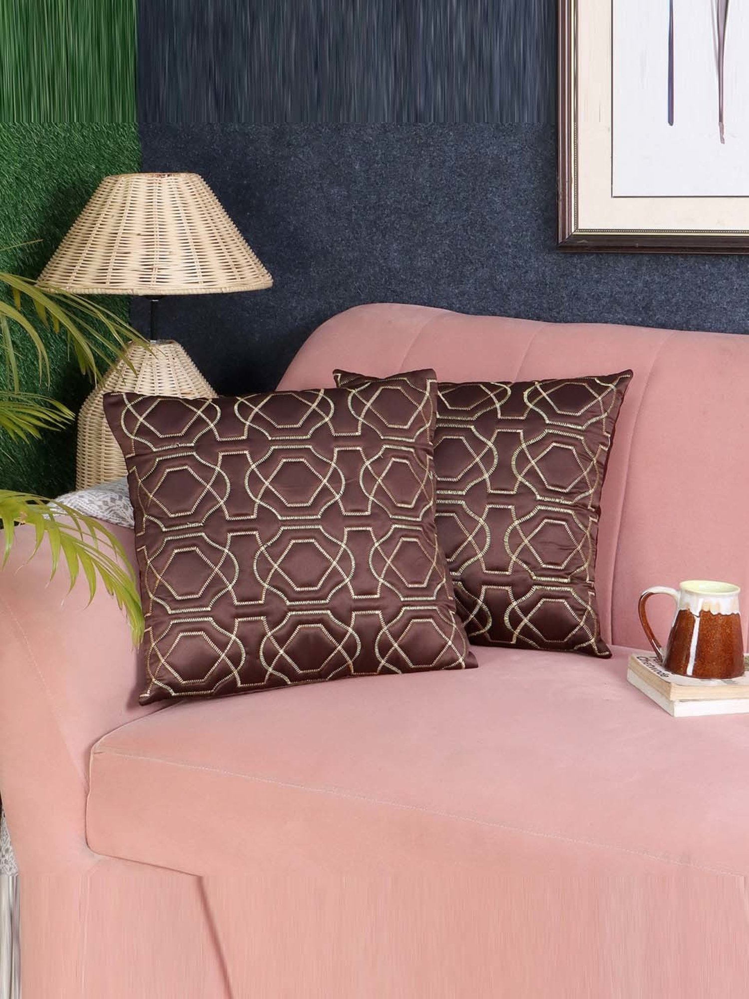 MFD HOME Furnishing Brown Satin Cushion Cover - Set of 2