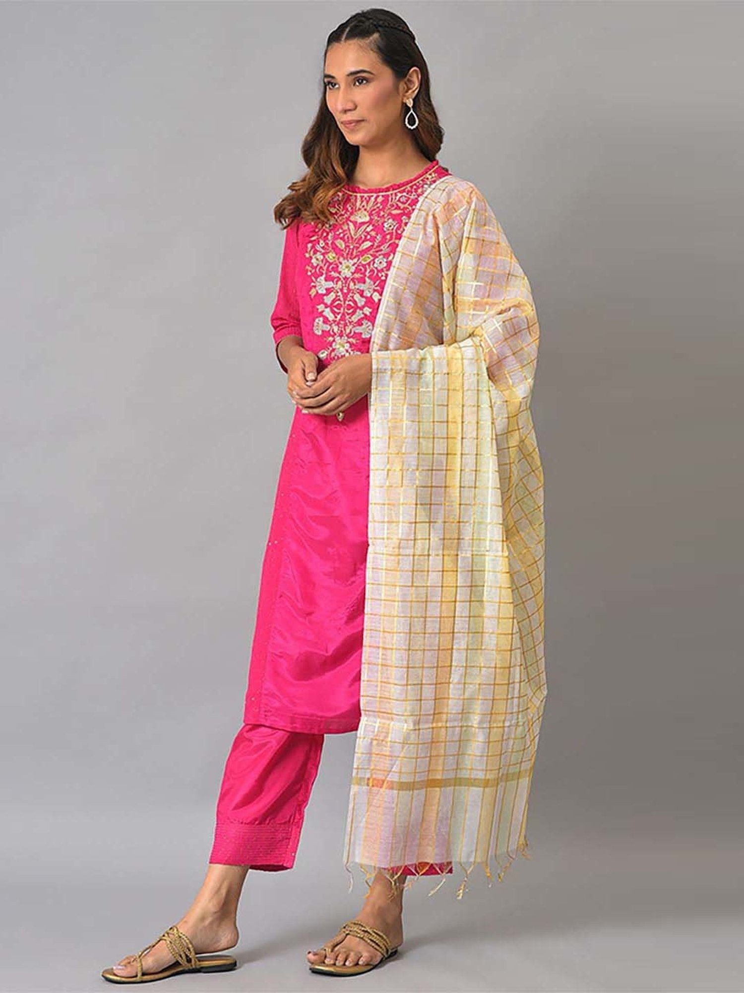 Aurelia Women Off White Solid Silk Kurta Set with Palazzo & Dupatta