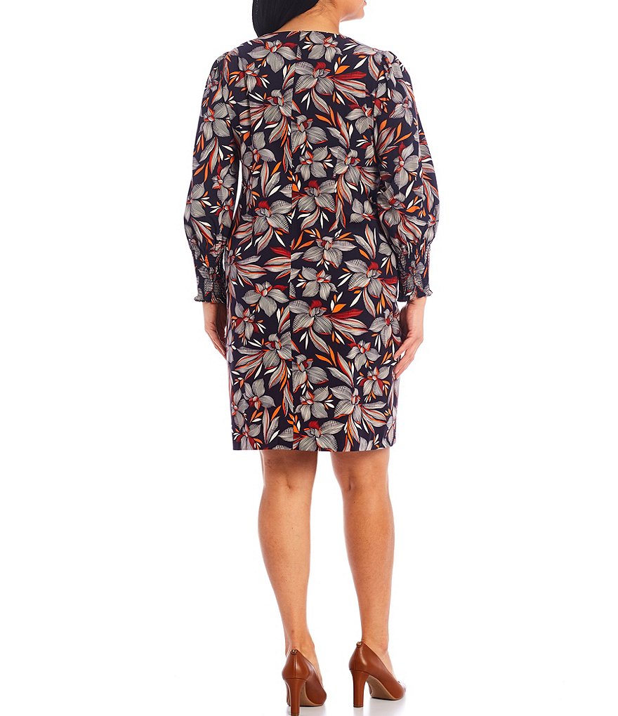 London Times Plus Size Round Neck Long Sleeve Feather Floral Smocked Shift Dress