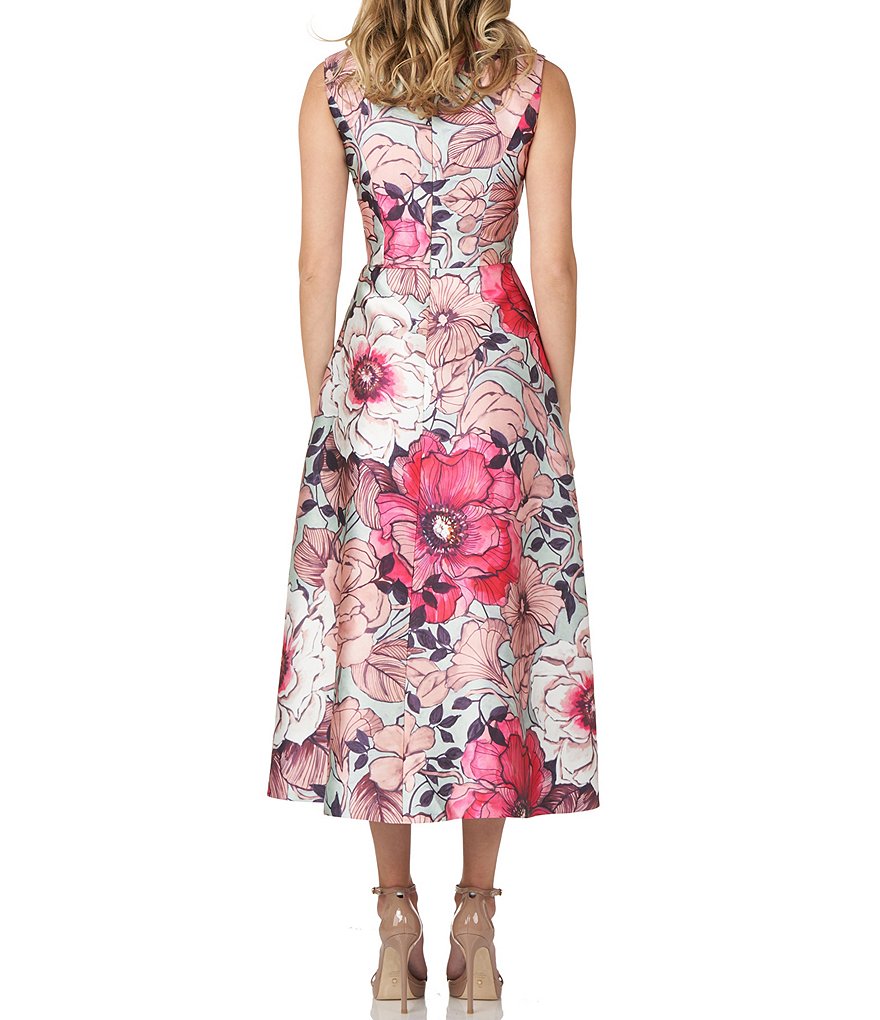 Kay Unger Floral Mikado Split V-Neck Sleeveless A-Line Midi Dress