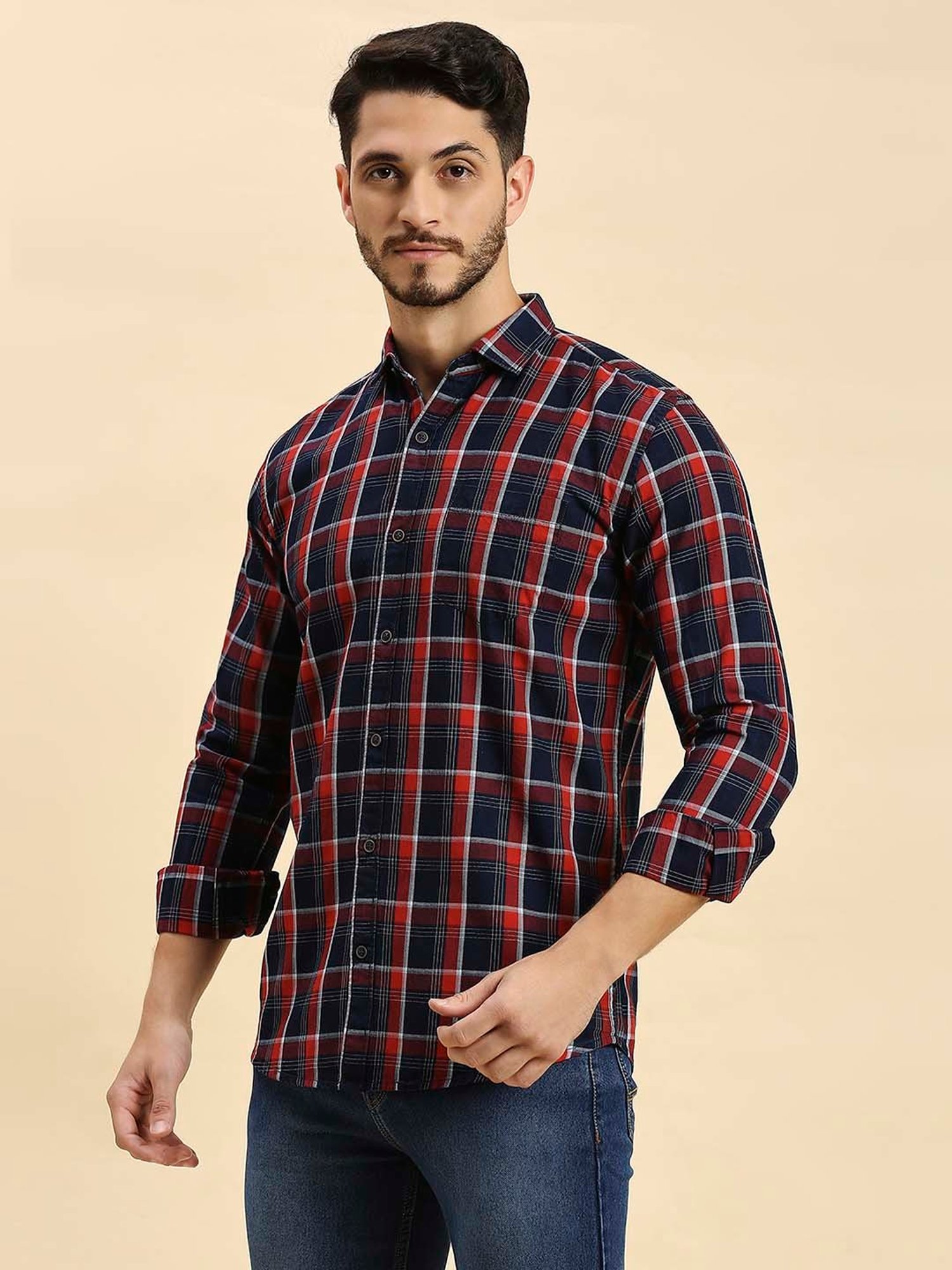 HJ HASASI Navy Slim Fit Check Cotton Shirt