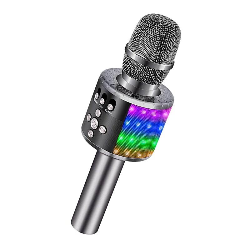 Wireless Bluetooth Karaoke Microphone with Controllable LED Lights Portable Handheld Karaoke Speaker Machine Christmas Birthday Home Party for AndroidiPhonePC or All SmartphoneSpace Gray