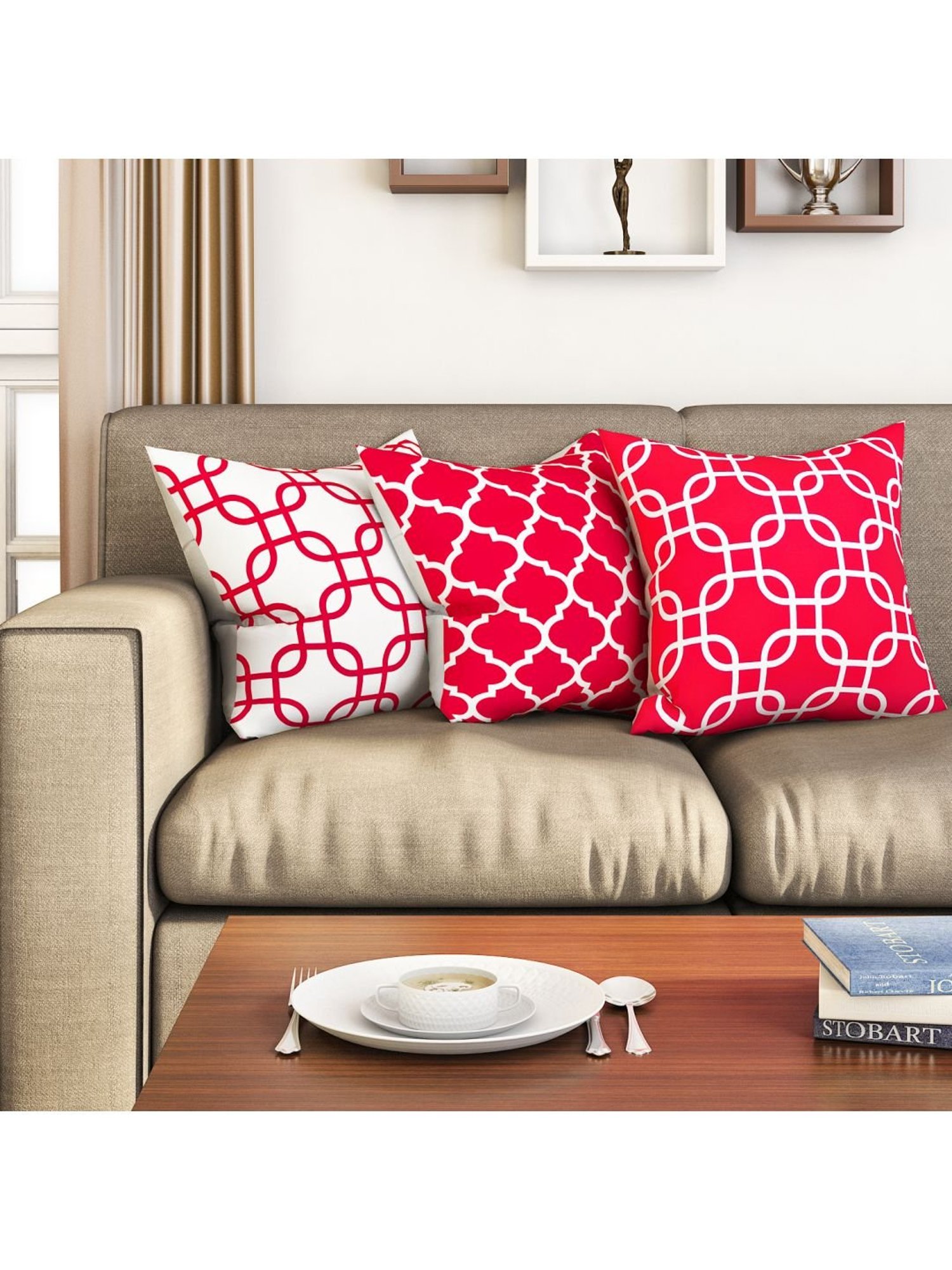Swayam Red & White Cotton 60 cm x 60 cm Cushion Covers - Set of 5