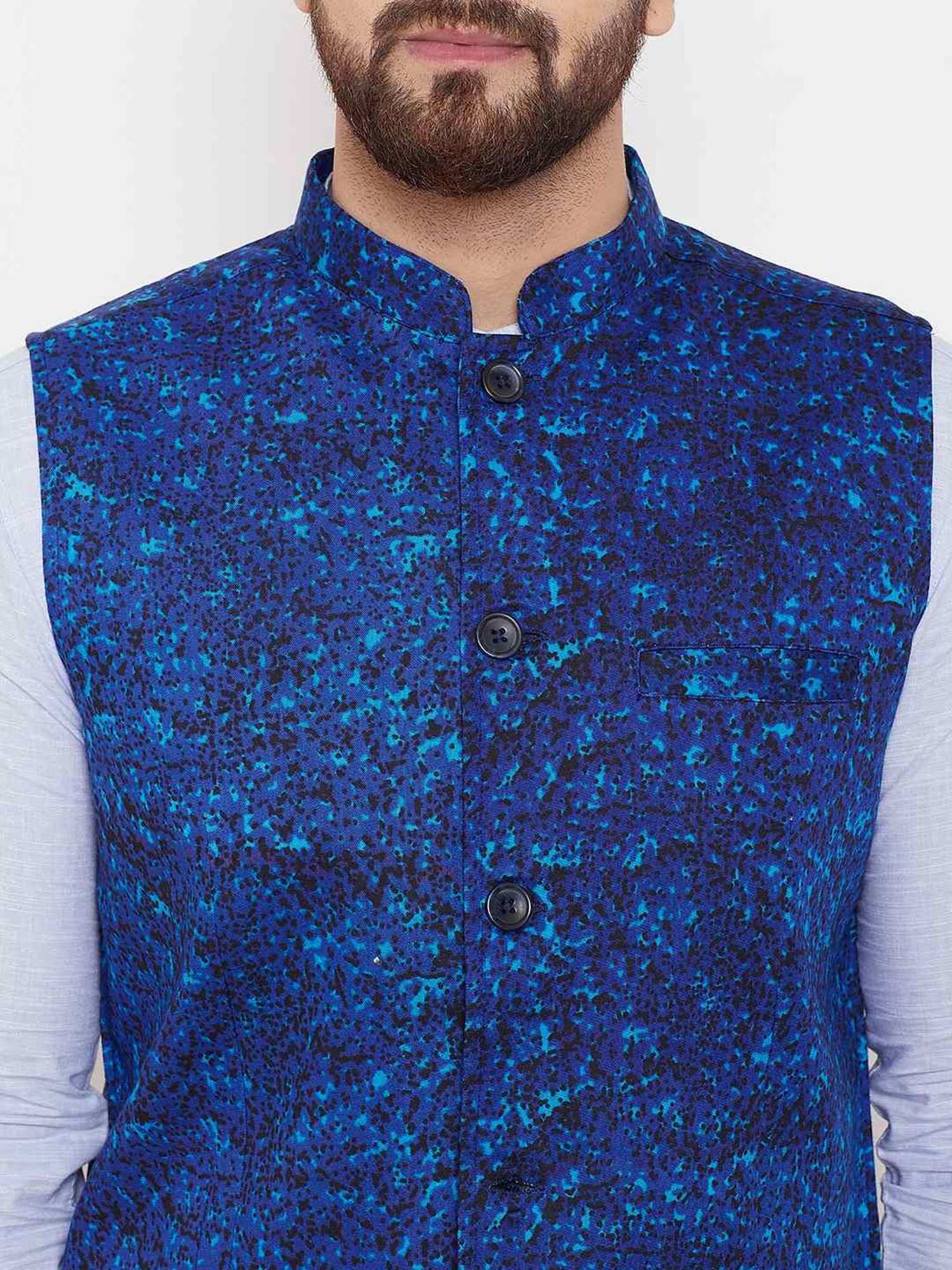 Even Blue Regular Fit Printed Nehru Jacket