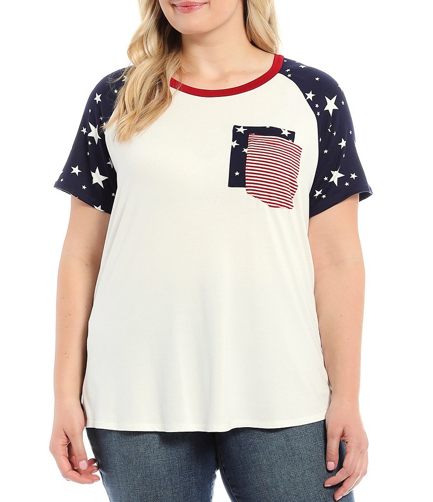 Moa Moa Plus Size Star Print Solid Color Block Double Contrast Pocket Crew Neck Short Sleeve Top