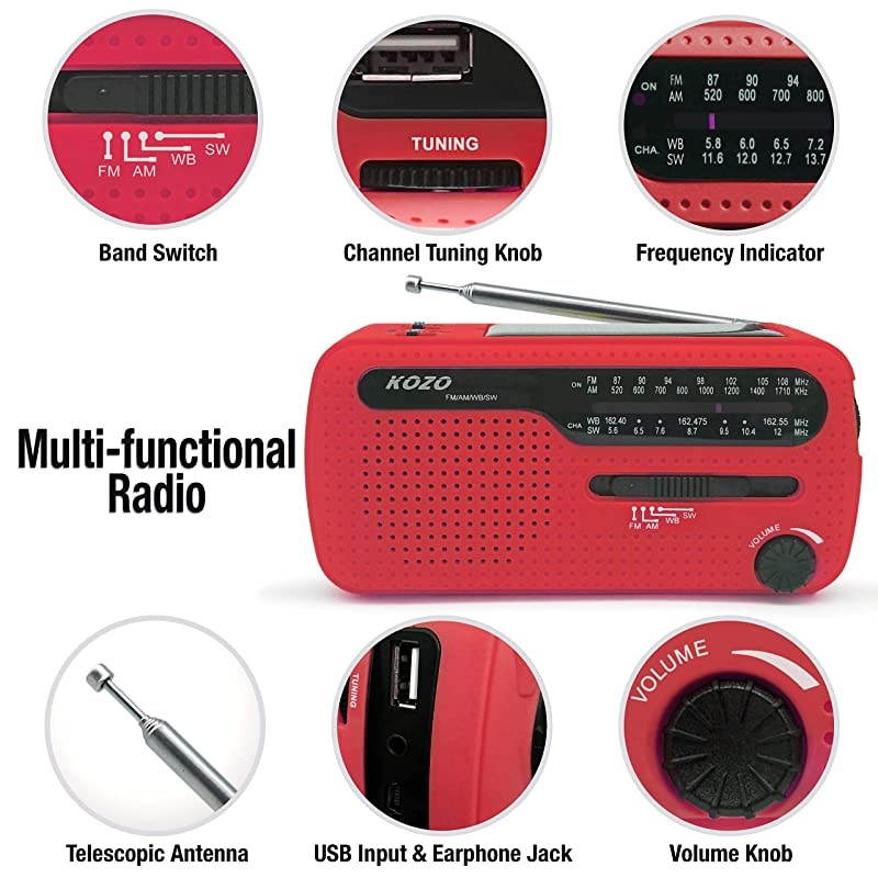 Best NOAA Weather Radio for Emergency by  Multiple Ways to Charge Self Powered by Dynamo Hand Crank Solar Panel Long Antenna to Pick Up Reception Everywhere Red