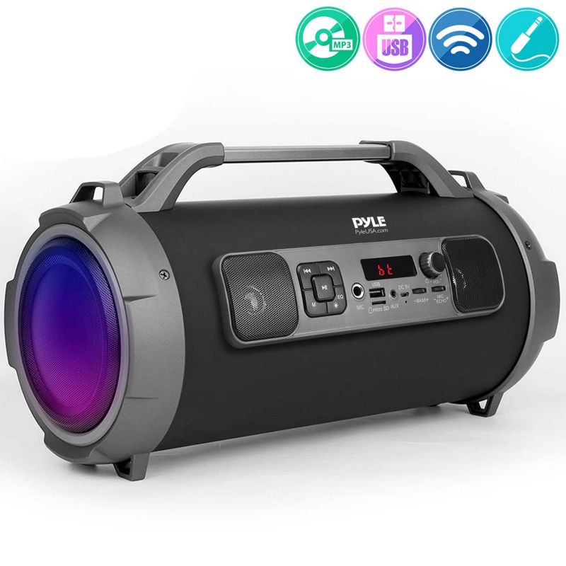 Pyle PBMKRG155 Wireless MP3 WMA WAV Bluetooth Portable Flashing Lights Boombox Rechargeable Speaker System with Aux Cable and USB Charging Cable