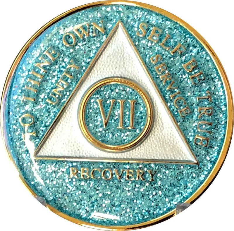7 Year AA Medallion Aqua Glitter Tri-Plate Bling Bling Chip