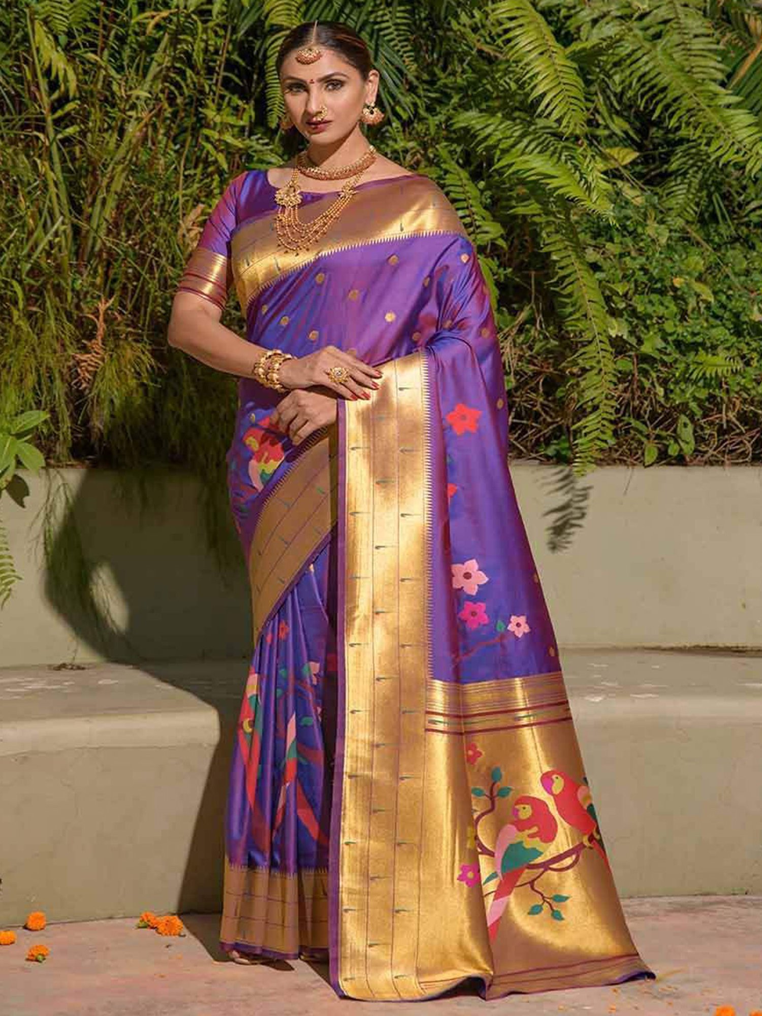 SHUBHKALA Purple Silk Woven Saree With Unstitched Blouse
