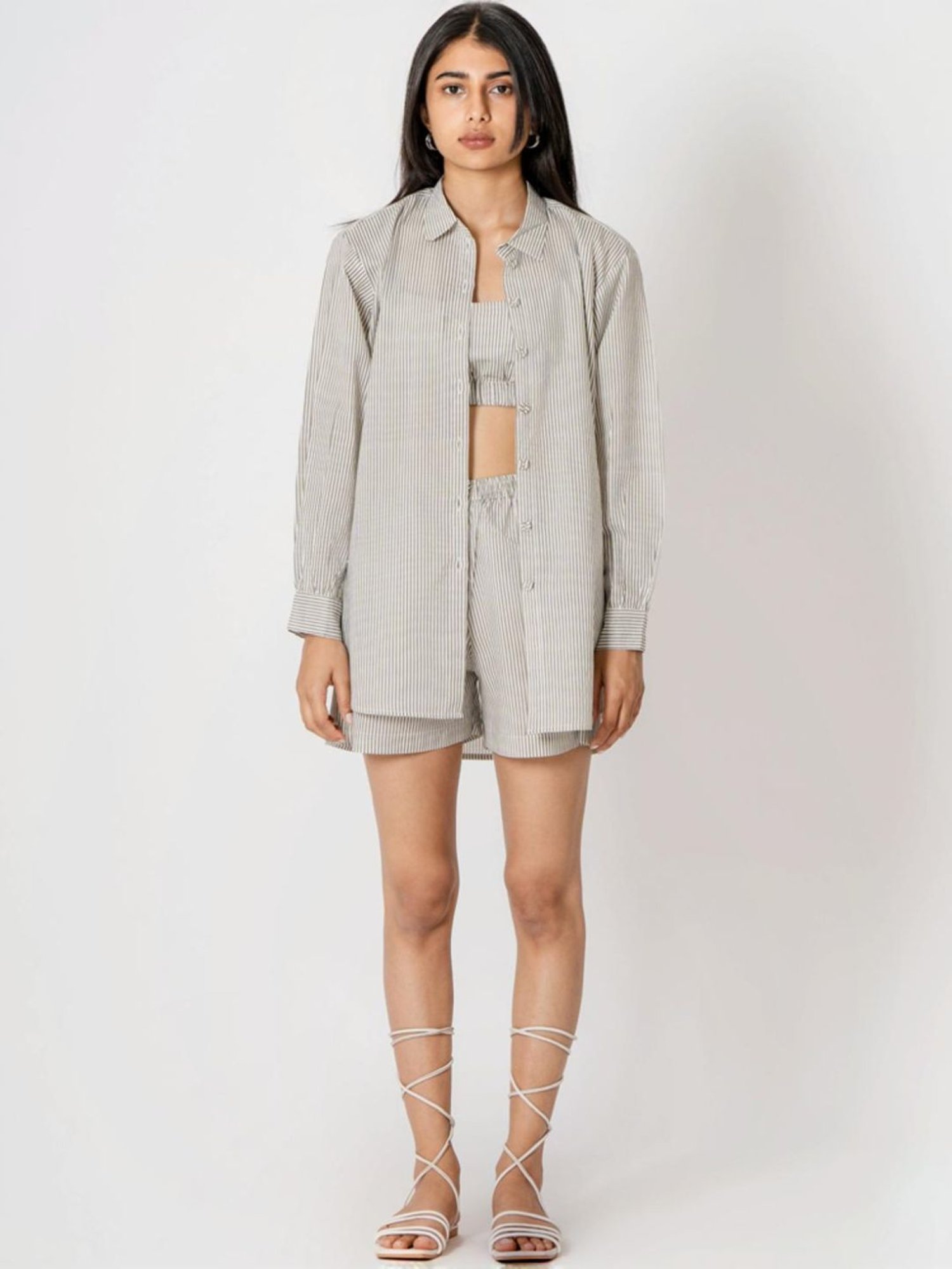 Kameez by Pooja White Capsule 24 Stripes Cotton Top and Jacket with Shorts Co-ord Set