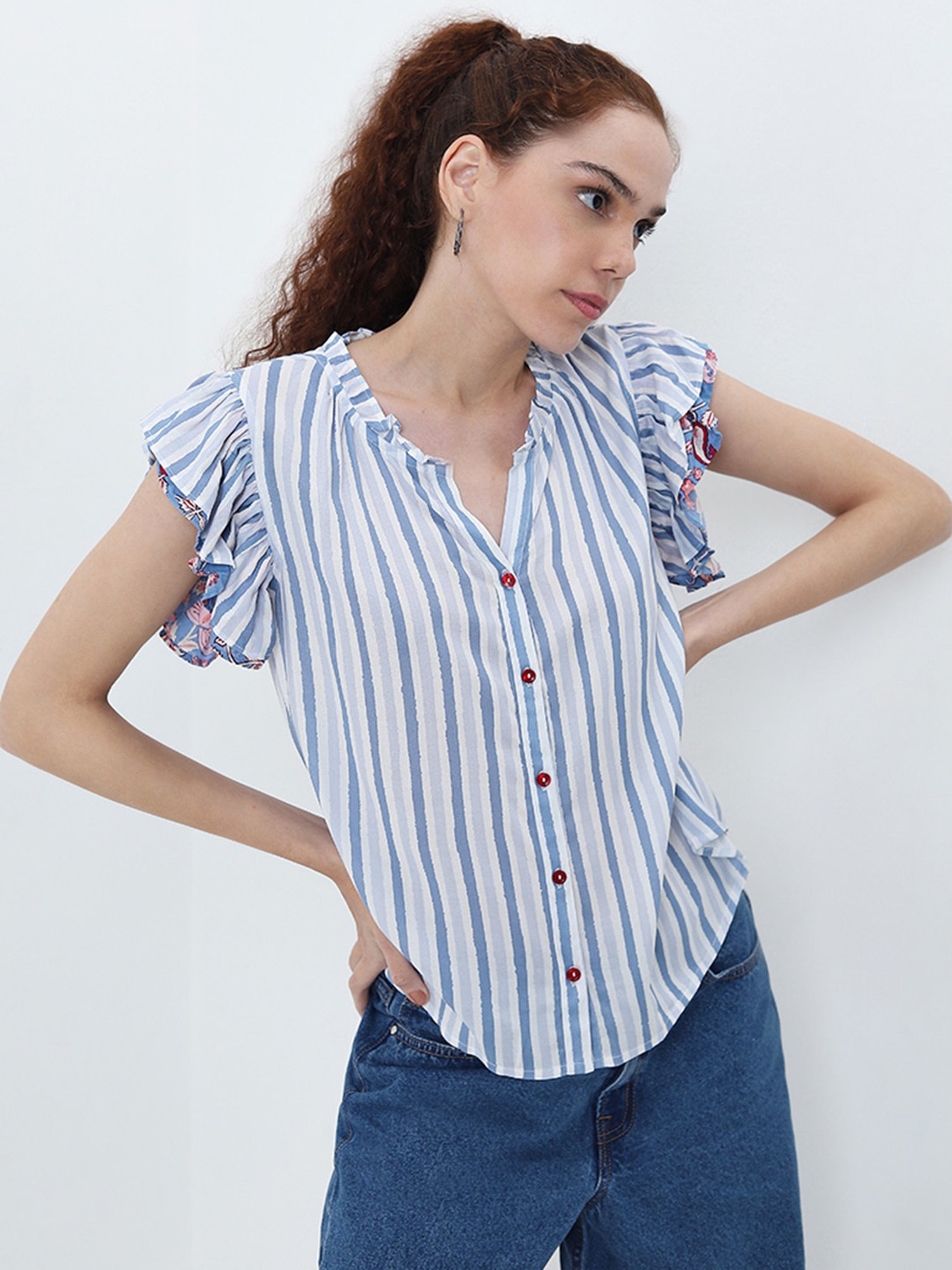 Bombay Paisley by Westside Blue Stripe Patterned Top