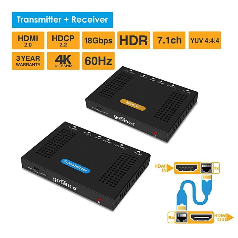 HDBaseT HDMI 2.0 Extender 4K 60Hz 4:4:4 HDR Over CAT5e/CAT6-70m/230ft @1080p & 40m/130ft @UHD 4K/60Hz, Dual IR, RS-232, CEC, PoC, 18Gbps Bandwidth, HDCP 2.2 (HDbaseT-HDR)