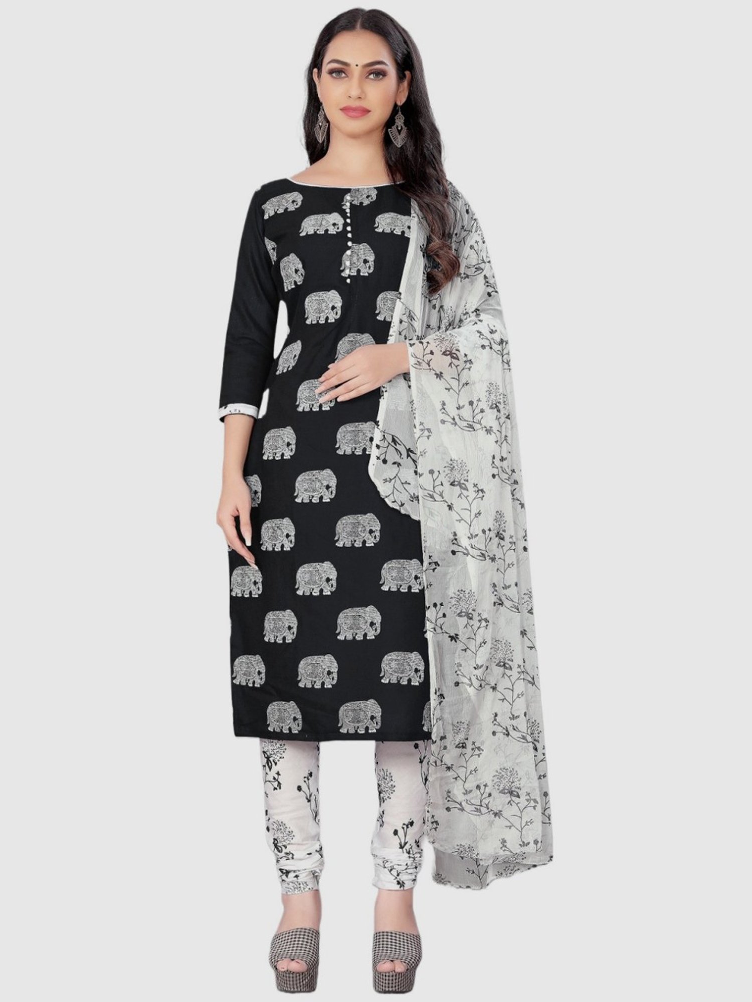 APNISHA Black & White Cotton Printed Unstitched Dress Material