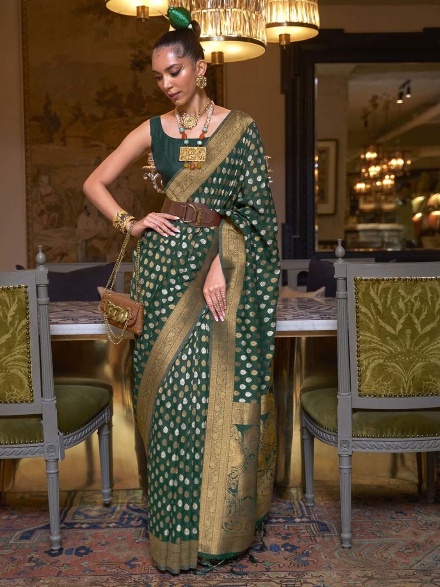 Elora Green Woven Saree With Unstitched Blouse