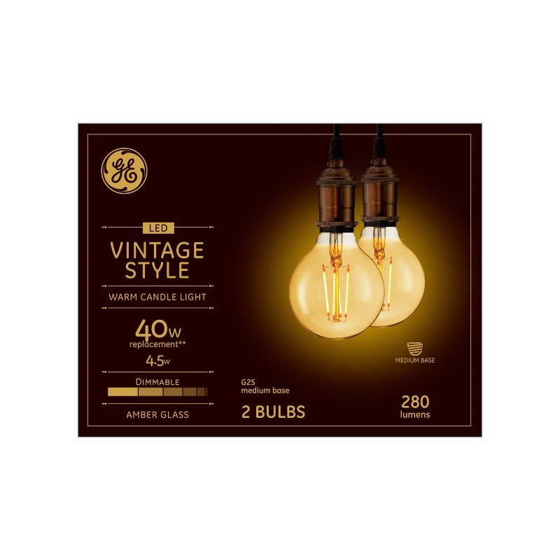 General Electric 2pk 40W VintaG25 Globe Filament Amber LED Light Bulb White