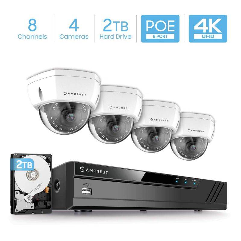 Amcrest 4K 8CH Security Camera System w/ 4K (8MP) NVR, (4) x 4K (8-Megapixel) IP67 Weatherproof Metal Dome POE IP Cameras (3840x2160),Pre-Installed 2TB Hard Drive (White)