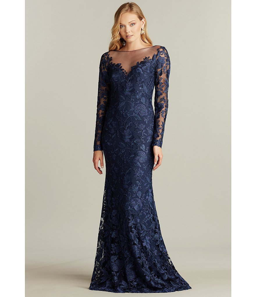 Tadashi Shoji Long Sleeve Illusion Neck Floral Embroidered V-Back Lace Gown