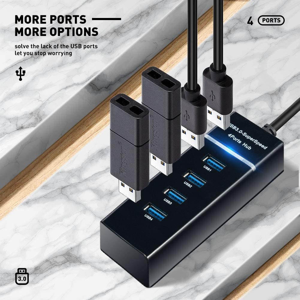 4 Port USB Hub Adapter - High Speed USB 3.0 Hub Multiport Adapter with LED Indicator for Keyboard &Mouse / Printer / USB Fan &Lamp / Portable Storage Device, Flash Drives, Portable USB Hub