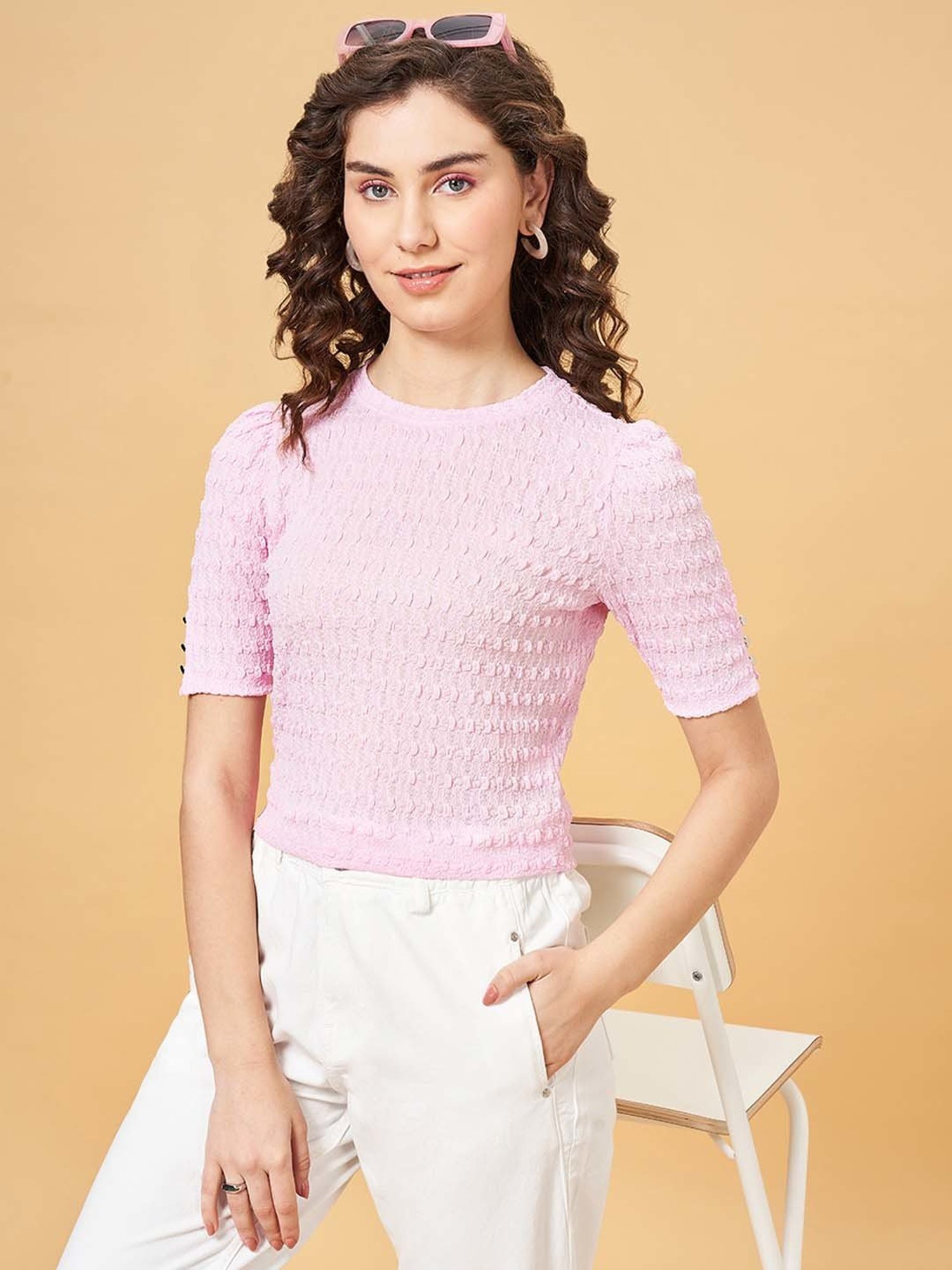 People by Pantaloons Pink Self Pattern Top