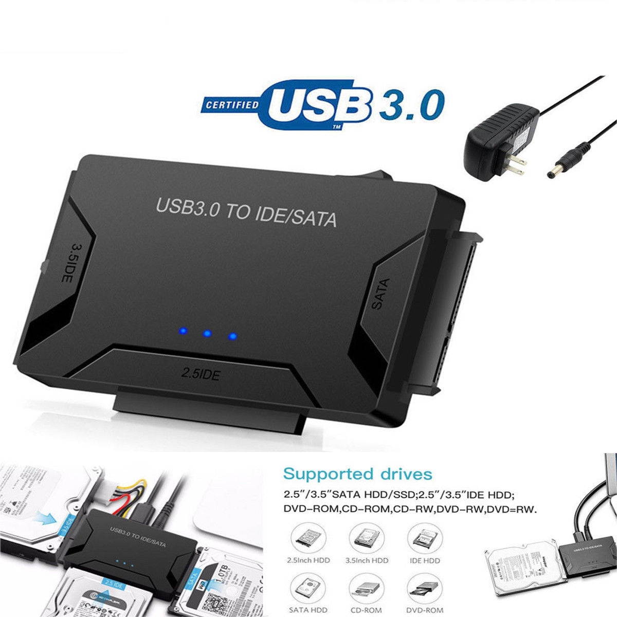 SATA/PATA/IDE to USB 3.0 Adapter Converter Cable for Hard Drive Disk 2.5" 3.5"