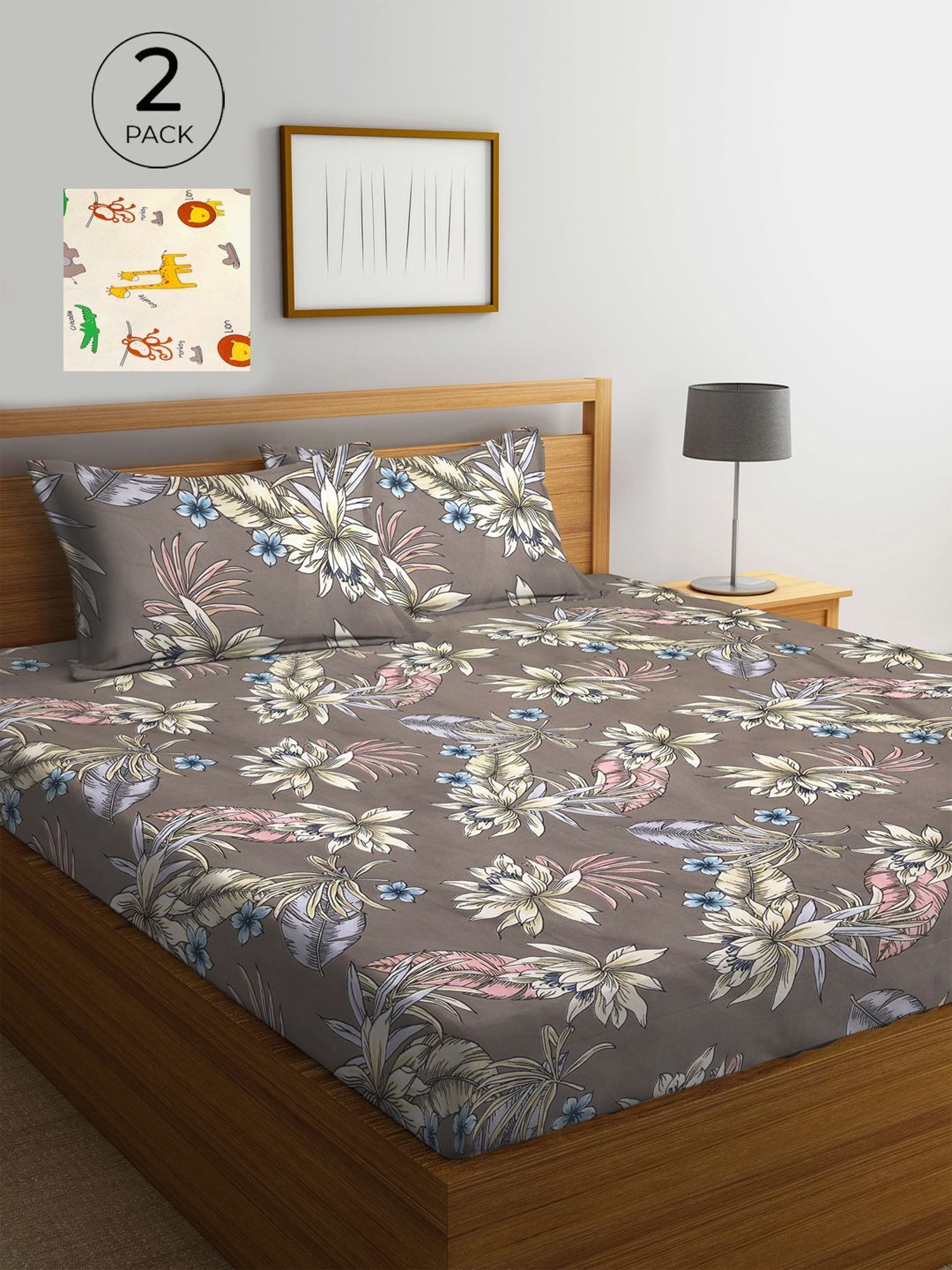 Klotthe Printed Brown 210 TC Cotton Blend King 2 Bed Sheets with 4 Pillow Covers