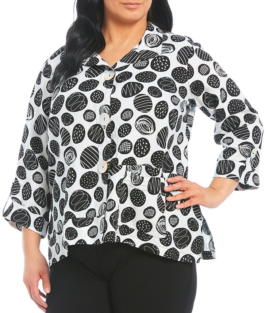 Ali Miles Plus Size Point Collar Neck Allover Black Dot Motif Large Button Front 3/4 Sleeve Linen Pocket Blouse