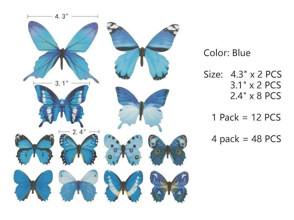 48 PCS Removable 3D Butterfly Wall Stickers Decals DIY Wall Art Decor Home Wall Decoration Sticker Mural for Kids Girls Children Bedroom Living Room Background Nursery (Blue)