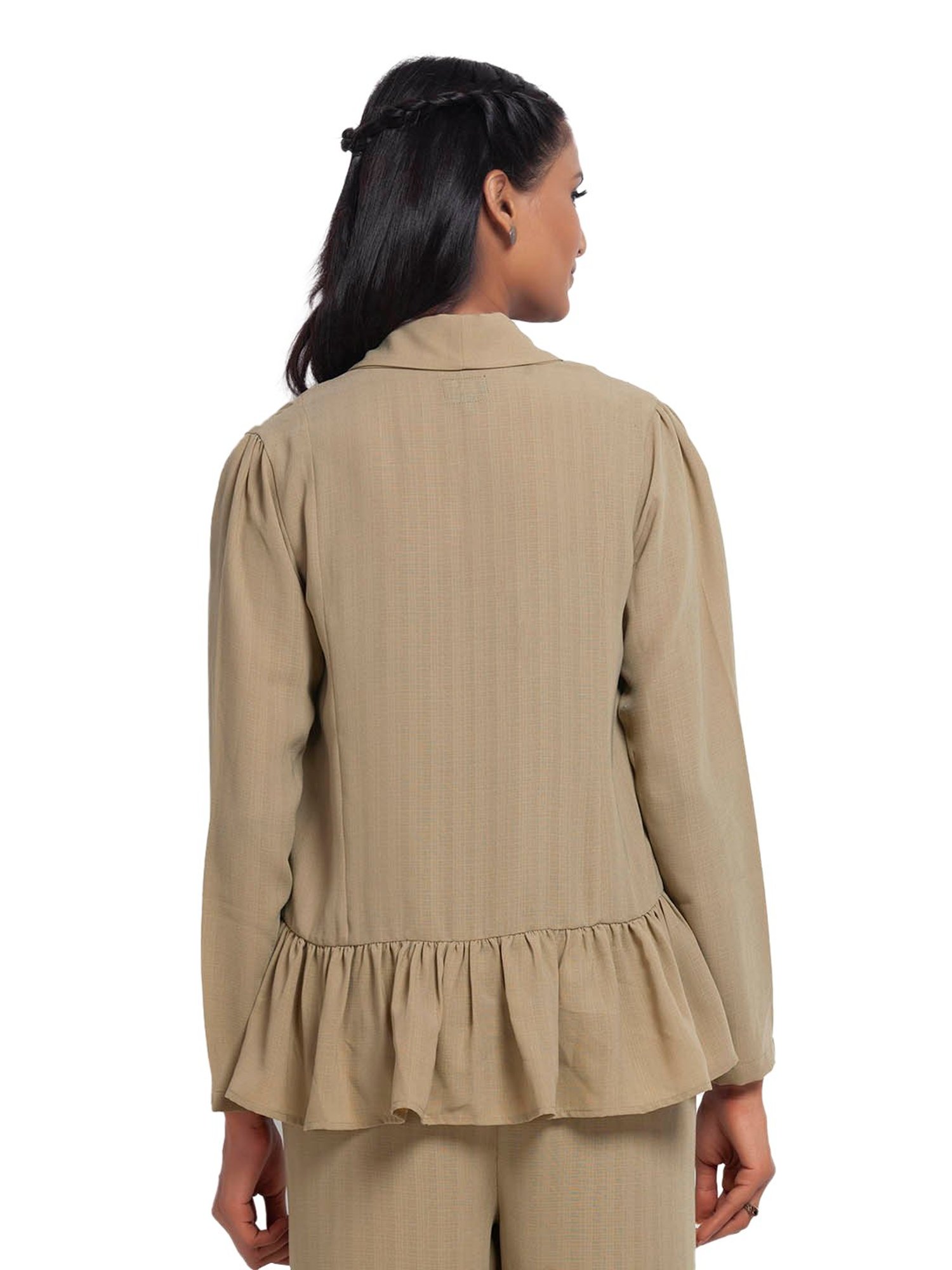Office & You Beige Full Sleeves Jacket With Gathers