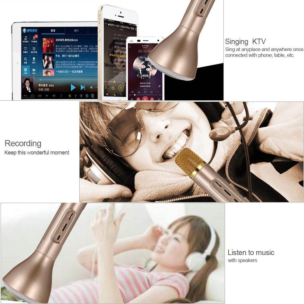 K188 Karaoke Player Wireless Bluetooth Condenser Microphone LED Light TF Card 3.5mm AUX-IN with Mic Speaker KTV Singing Record for Smart Phones Computers Gold
