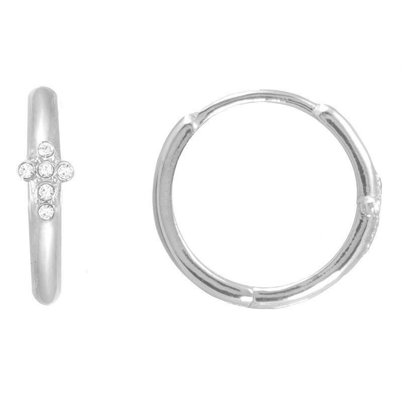 FAO Schwarz Sterling Silver Cross Hoop Earrings with Crystal Stone Accent