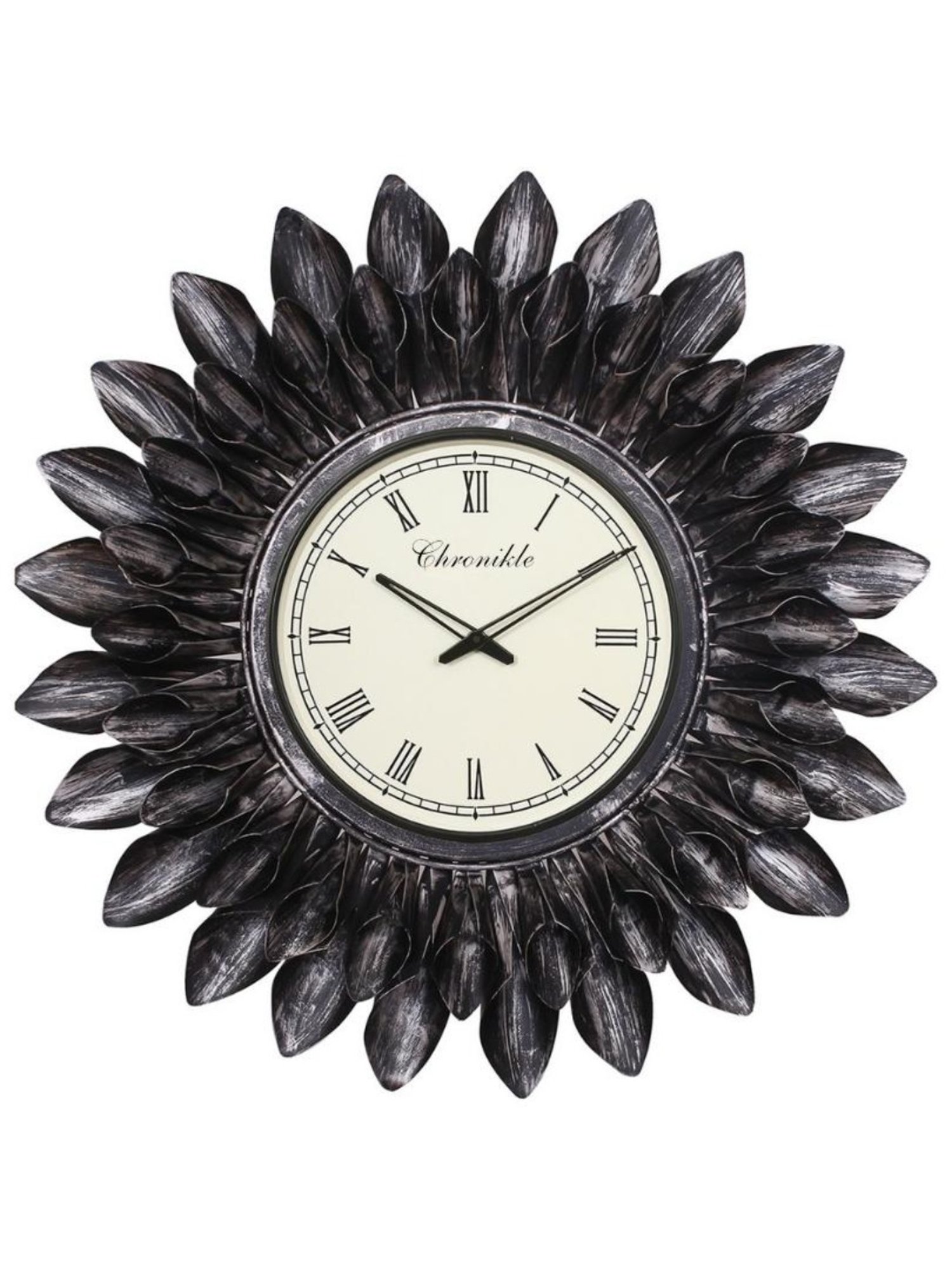 CHRONIKLE Floral Design Black Iron Roman Number Analog Wall Clock
